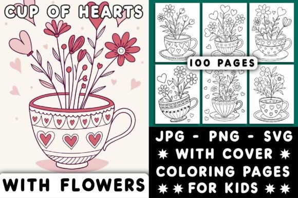 Cup of Hearts with Flowers Coloring Page Graphics