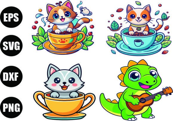 Cute Cat in Tea Cup Graphics for Illustrations
